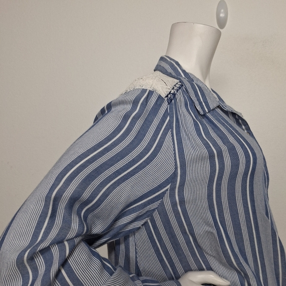 Vintage America Blue White Front Twist Western Casual Roll Tab Sleeve Blouse XL - Picture 11 of 13